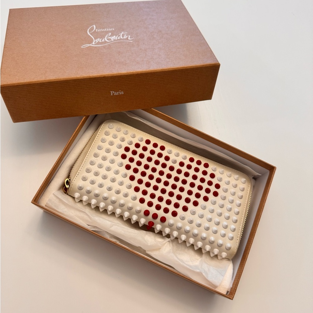 Christian Louboutin Heart Studded Long Zip Wallet – White/Red